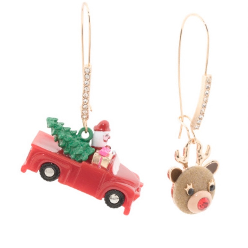 Betsey Johnson Holiday Jingle Bell Bling Santa Car & Reindeer Mismatch Earrings